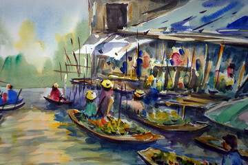 Naklejka na ściany i meble Brush stroke , Floating market Thailand Countryside painting Abstract watercolor Background 