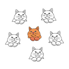 Fototapeta na wymiar Hand drawn black vector illustration of group of beautiful fat adult young cats and one red cat isolated on a white background