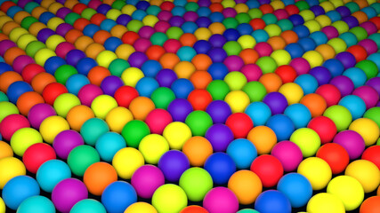 Many rows of abstract colorful spheres, isometric background, modern computer generated 3D render backdrop