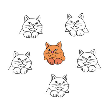 Hand drawn black vector illustration of group of beautiful fat adult young cats and one red cat isolated on a white background