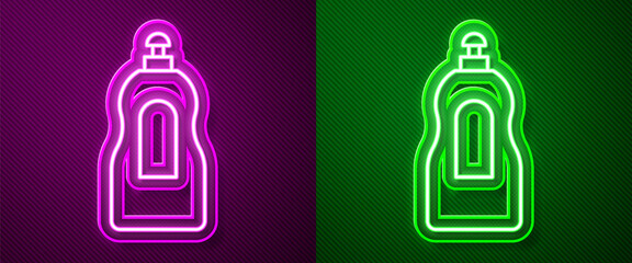 Glowing neon line Dishwashing liquid bottle icon isolated on purple and green background. Liquid detergent for washing dishes. Vector