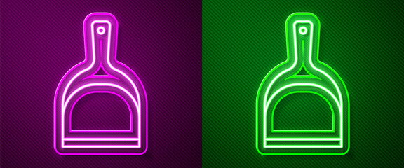 Glowing neon line Dustpan icon isolated on purple and green background. Cleaning scoop services. Vector