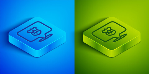 Isometric line Police badge icon isolated on blue and green background. Sheriff badge sign. Square button. Vector