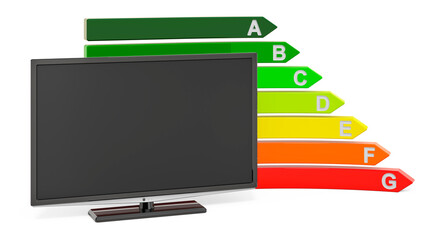 Modern TV set with energy efficiency chart, 3D rendering - obrazy, fototapety, plakaty