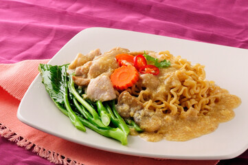 Instant noodles with Pork in gravy sauce, Easy dishes with work-at-home moments