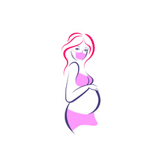 Young beautiful pregnant woman line art vector illustration