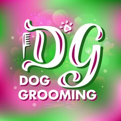 Hand drawn vector logo with white lettering on textured background Dog Grooming for signboard, pet shop, information messages, design, poster, website, sticker, business card, label, banner, template