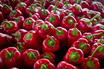 Red sweet peppers at country market stall. Food background