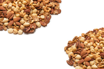 Mix of nuts isolated on white background. Top view.