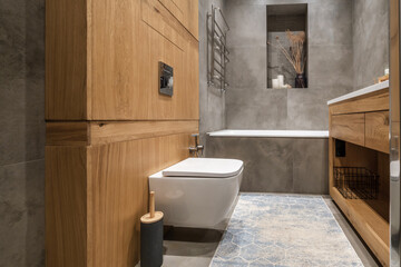 toilet and detail of a corner shower bidet with wall mount shower attachment
