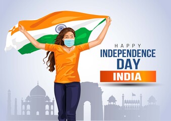 happy Independence day 15 th august Happy independence day of India , girl running with Indian flag. vector illustration design .greeting card.covid-19, corona virus concept. - obrazy, fototapety, plakaty