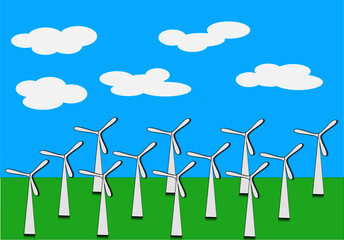 Illustration of wind farm with energy wind turbines with a blue sky with clouds 