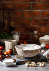 Ingredients for making dough for pizza. Making yeast dough