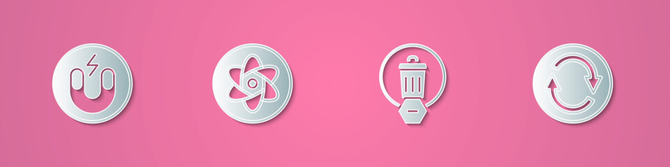 Set paper cut Magnet, Test tube and flask, Trash can and Recycle symbol icon. Paper art style. Vector