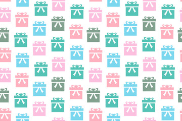 Gift box seamless pattern on transparent background. Repetitive vector illustration of colourful gift boxes. 