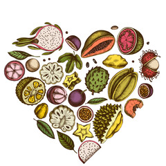Heart design with colored papaya, guava, passion fruit, starfruit, durian, rambutan, pitaya, jackfruit, sugar-apple, soursop, mangosteen