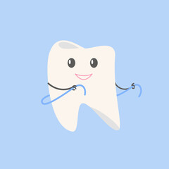 The white tooth is cleaned by itself. Dental floss. The concept of hygiene and healthy teeth. Vector illustration on a blue background.