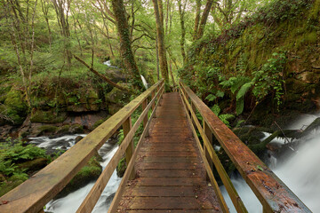 Wooden footbridges on the Arenteiro river, in the region of Galicia, Spain.