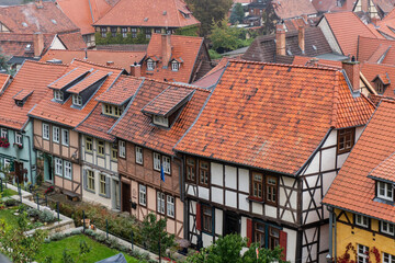 View on the old town of Quedlingburg with its half-timbered houses with red tiled roofs