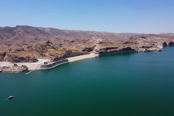 Aerial view of water reservoir on The River Tigris in the place of former village of Hasankeyf