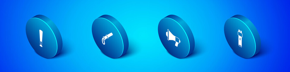 Set Isometric Baseball bat, Megaphone, Police electric shocker and rubber baton icon. Vector