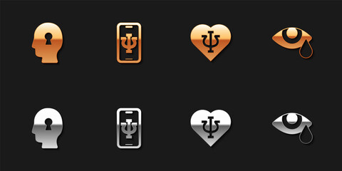 Set Solution to the problem, Psychologist online, Psychology, Psi and Tear cry eye icon. Vector