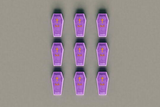 top down view of violet coffins on grey background