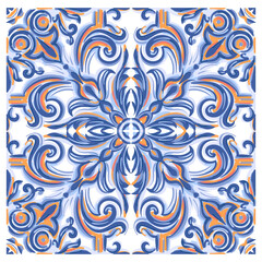 Azulejos Portuguese Dutch tile in shades of blue and yellow colors pattern. Baroque tiles. Vector Baroque. Rococo