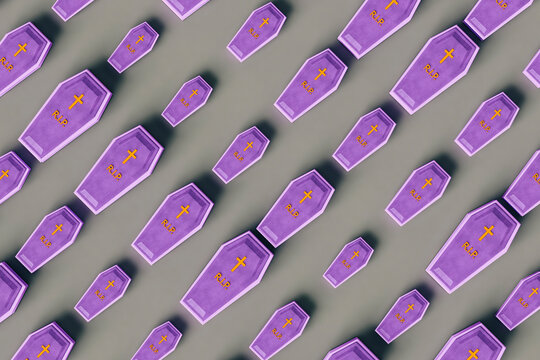 pattern of violet coffins on grey background -  bird eye view