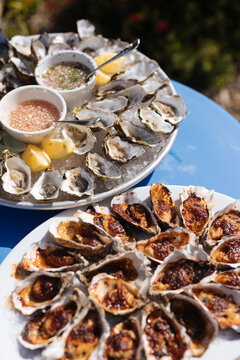 Large platters of oysters on the half shell