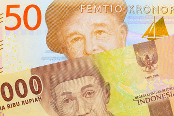 A macro image of a gray and orange fifty kronor note from Sweden paired up with a orange five thousand Indonesian rupiah note.  Shot close up in macro.