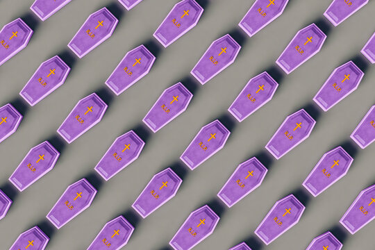 pattern of violet coffins on grey background -  bird eye view