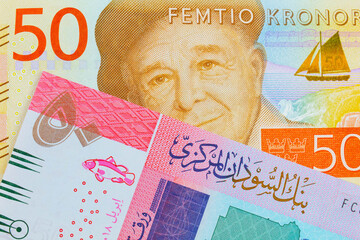 A macro image of a gray and orange fifty kronor note from Sweden paired up with a colorful fifty pound bank note from Sudan.  Shot close up in macro.