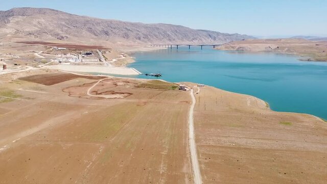 Aerial view of water reservoir on The River Tigris in the place of former village of Hasankeyf