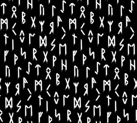 Ethnic Norwegian Icelandic seamless pattern. Runic talismans of the Vikings and northern peoples. Magic and magical runes. Pagan signs. Futhark repeatable background. Vector illustration.