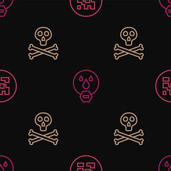 Set line QR code, Bones and skull warning and Water drop forbidden on seamless pattern. Vector