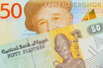 A macro image of a gray and orange fifty kronor note from Sweden paired up with a green and yellow fifty piastre note from Egypt.  Shot close up in macro.