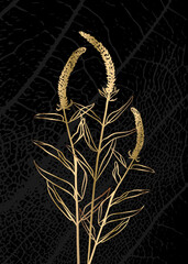 Minimalist botanical illustration. Golden outline of a plant on a black background.. Suitable for posters, greeting cards, corporate cards and invitations, book covers and notebooks.