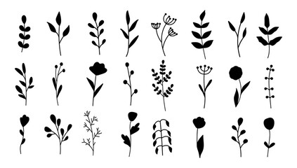 Collection of minimalistic simple floral elements. Graphic sketch. Fashionable tattoo design. Flowers, grass and leaves. Botanical natural elements. Vector illustration. Outline, line, doodle style.