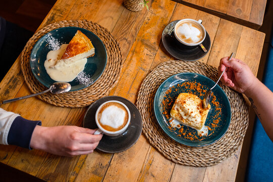 Table From Above With Breakfast, Coffee And Cakes. 