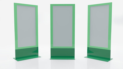 Display for poster. Creative white banner mock up design. Trade exhibition stand display. Green. Path save. 3D render.
