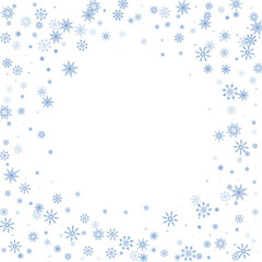 Blue delicate openwork snowflakes scatter on a white background. Festive background, postcard design, wallpaper