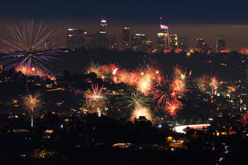 Fireworks in front of the Los Angeles skyline