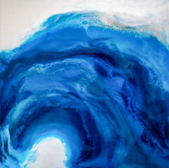 Part of original resin art epoxy resin painting. High quality details. Marble texture. Fluid art for modern banners, ethereal graphic design. Abstract ethereal bronze, blue and white swirl.