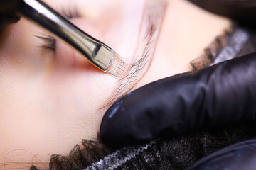 outlining the contour of the eyebrows with a brush and close up preparatory work is carried out...