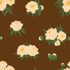 Obraz premium Floral vector seamless pattern with blooming peony flowers, buds, bouquet, garland, leaves. Vintage hand drawn background for decoration, wrapping, textile, fabric.