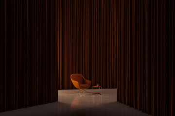 Isolated armchair in an interior between curtains