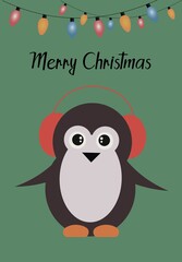 Vintage cartoon Christmas card with cute penguin icon and garlands with bulbs. Vintage green holiday background.