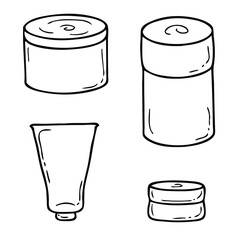 Doodle set of four empty self care cosmetic jars. Hand drawn vector illustration for decor and design.
