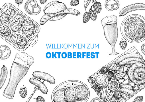 German food sketch. Oktoberfest menu design template. Hand drawn vector illustration. German cuisine. Black and white. Engraved style. Hand drawn food, sketch illustration
